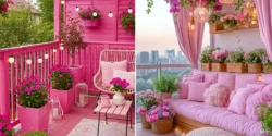 دکور صورتی بالکن؛ ۱۵ مدل ترکیب رنگ صورتی با گیاه و چوب برای دیزاین بالکن