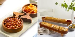 سینی چوبی پذیرایی چندخانه؛ ۱۵ عکس زیبا از چیدمان گرم و دل‌نشین میز پذیرایی
