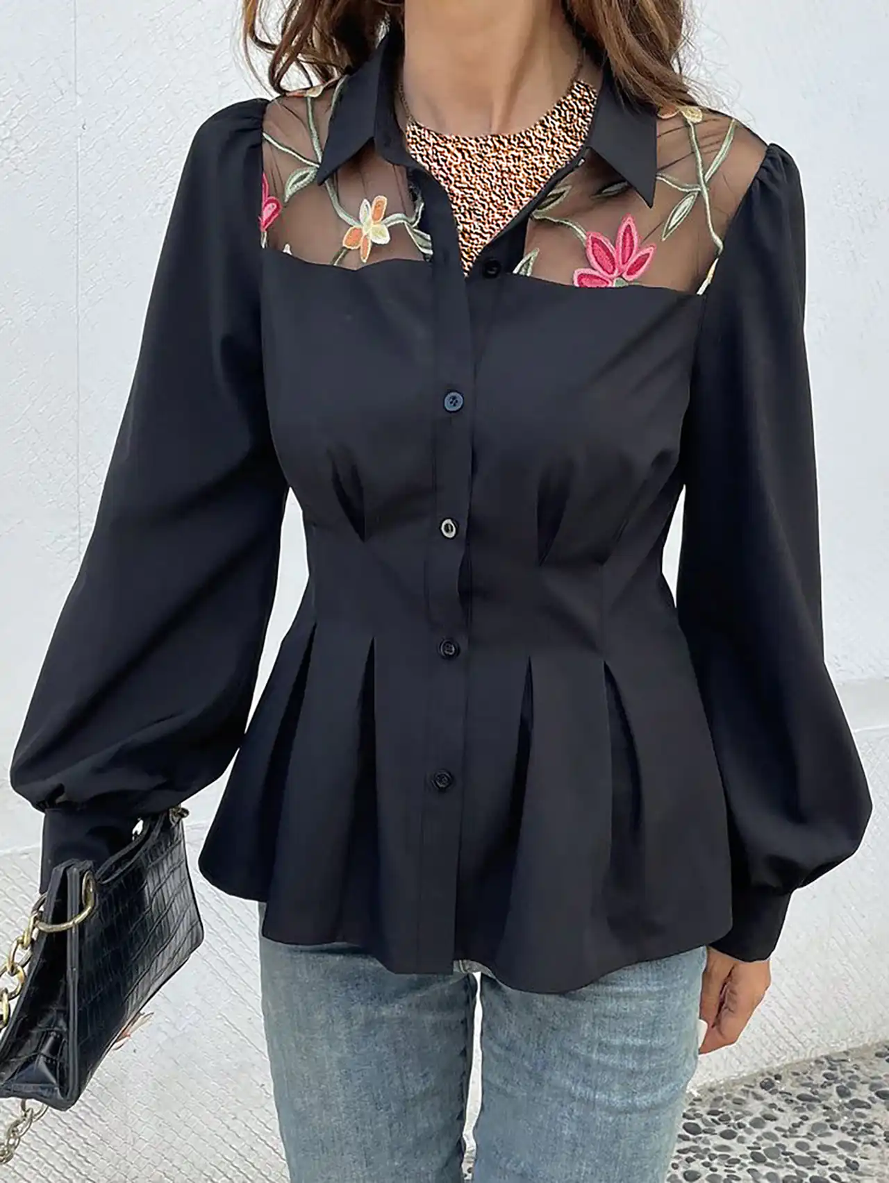شومیز زنانه مشکی گیپور شیک